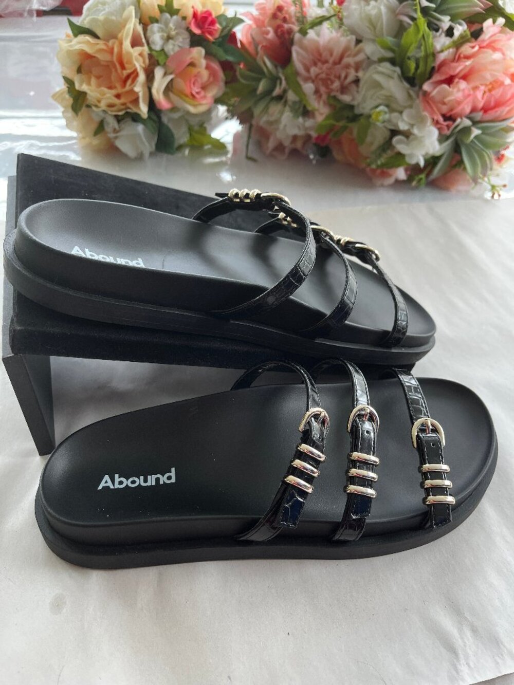 Abound Triple Strap Slide Sandals Black Silver Mismate Left 9 Right 8